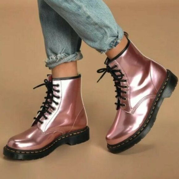 Dr. Martens Pink Vegan Leather 1460 Goldmix Boots - Picture 3 of 16
